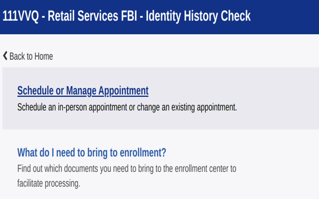 Screenshot showing criminal records can be requested through the Identity History Check service by scheduling an appointment. 