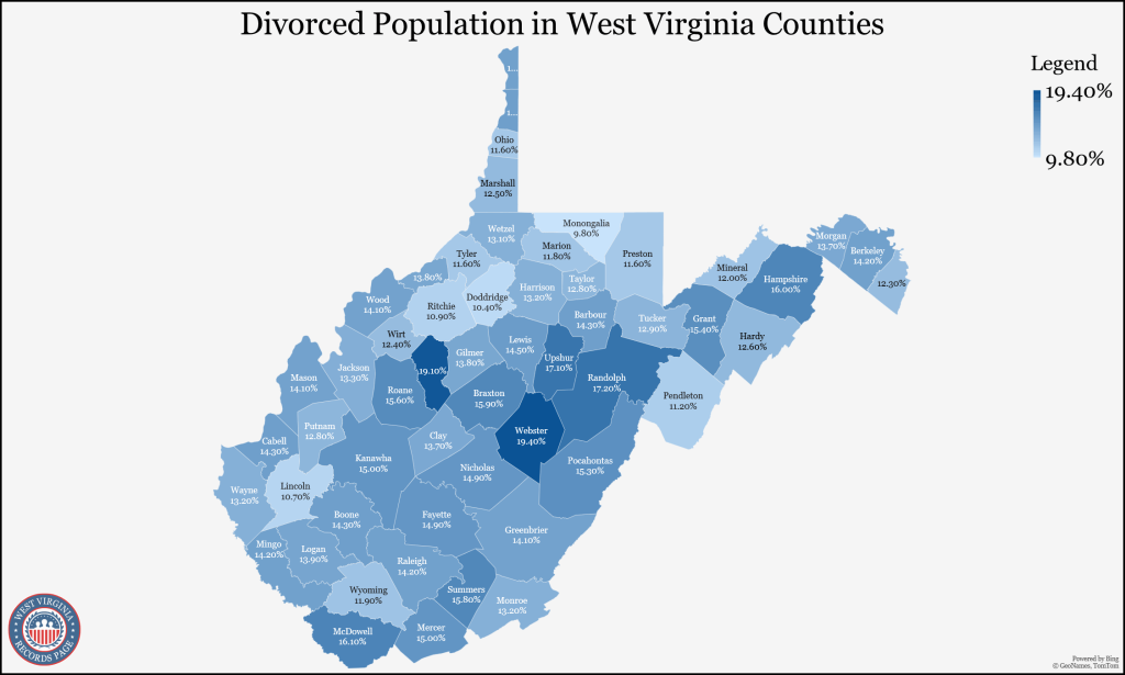 A map showing the divorce population (5-year estimates) of all counties in West Virginia.