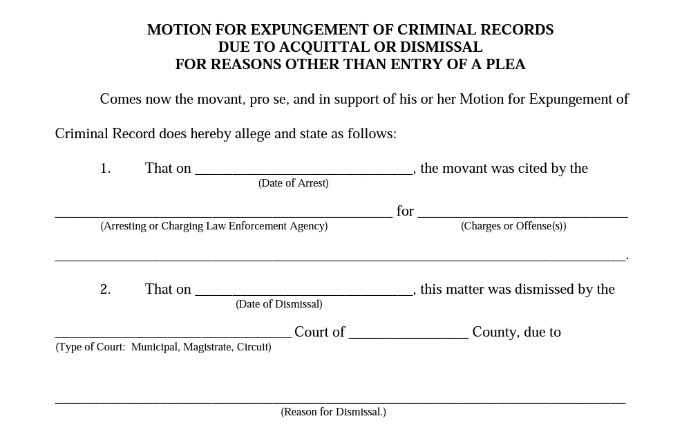 A screenshot of the  Motion for Criminal Record Expungement (Acquittal or Dismissal) (SCA-C903) form where an acquittal or dismissal of the charge was already granted; individuals can complete this form to request complete expungement of the incident from their record.