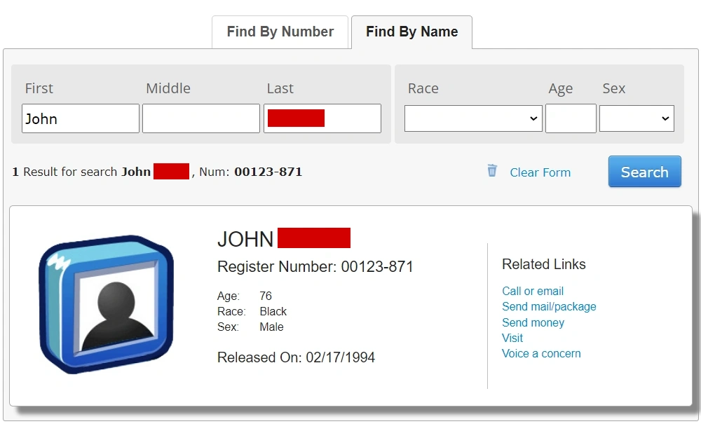 A screenshot of a federal inmate's information where users of this free search resource can search by the subject’s name or BOP number if known.