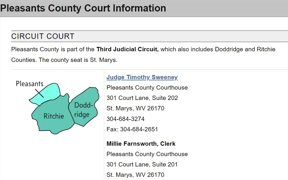 A screenshot of the Pleasants County court information that includes specific court addresses as well as their contact information.