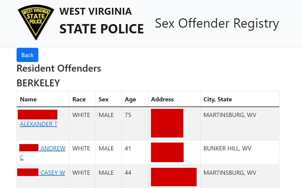 A screenshot of the West Virginia Sex Offender Registry allows users to search for registered offenders by name, location, email, or social media usernames.