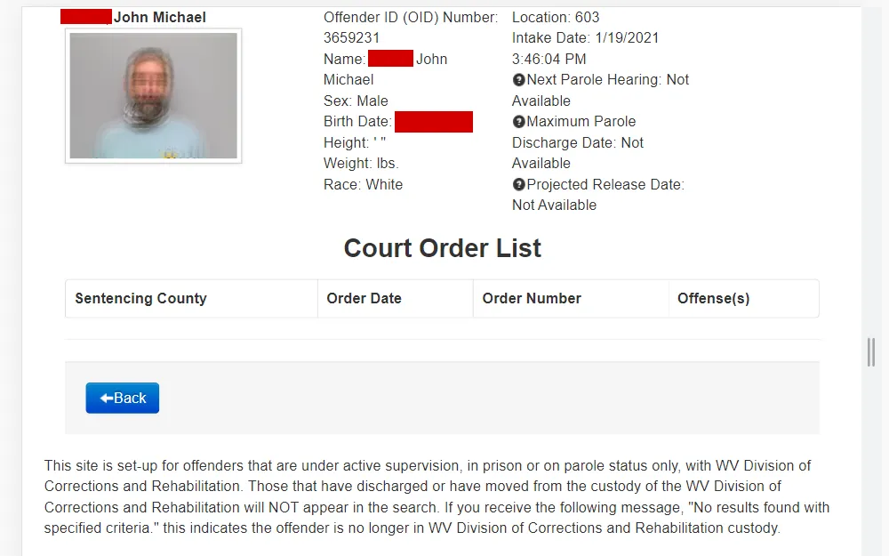 A screenshot of an offender's information, where the user can see the inmate’s court order date & number, current location, date of birth, full name, height, intake date, next scheduled parole hearing, offender I.D. (OID) number, offense(s) projected, release date, race/ethnicity, sentencing, county, sex and weight.