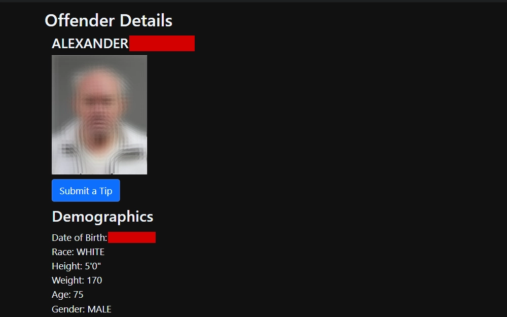 A screenshot of a sex offender's information where the user can see the inmate's details of their demographics and conviction(s).