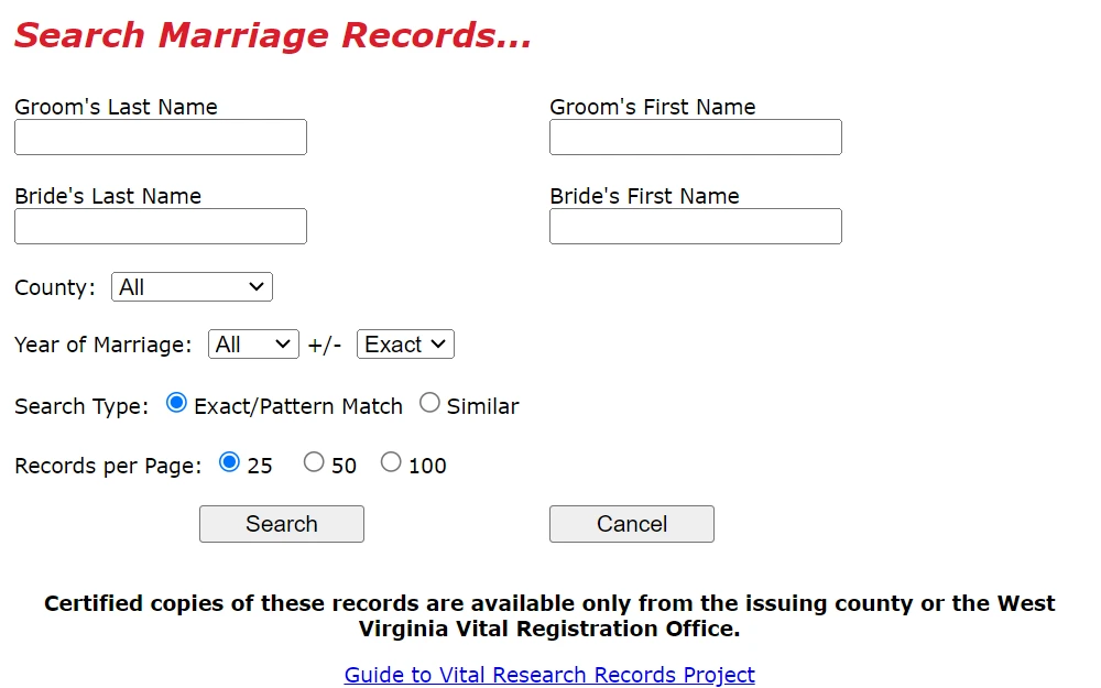 A screenshot of the search page to look for marriage data in the West Virginia Department of Arts, Culture and History, where users must input the party name, county, and year of marriage and select search type to proceed.