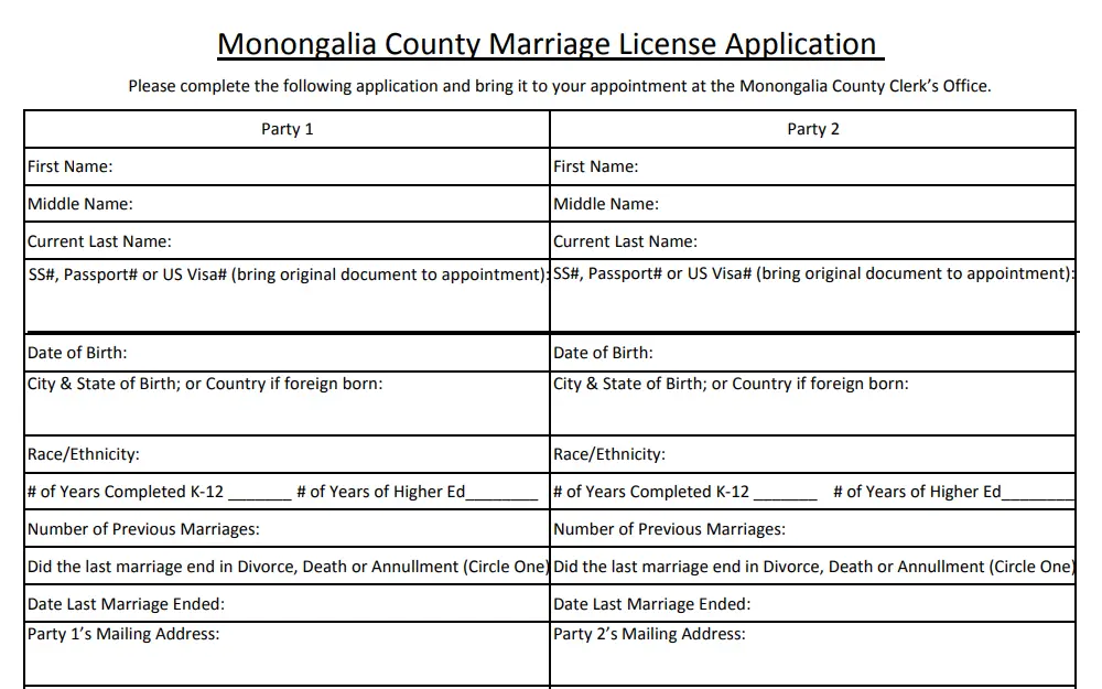 A screenshot of the Monongalia County Marriage License Application Form shows the necessary information to complete the application, primarily the party names.