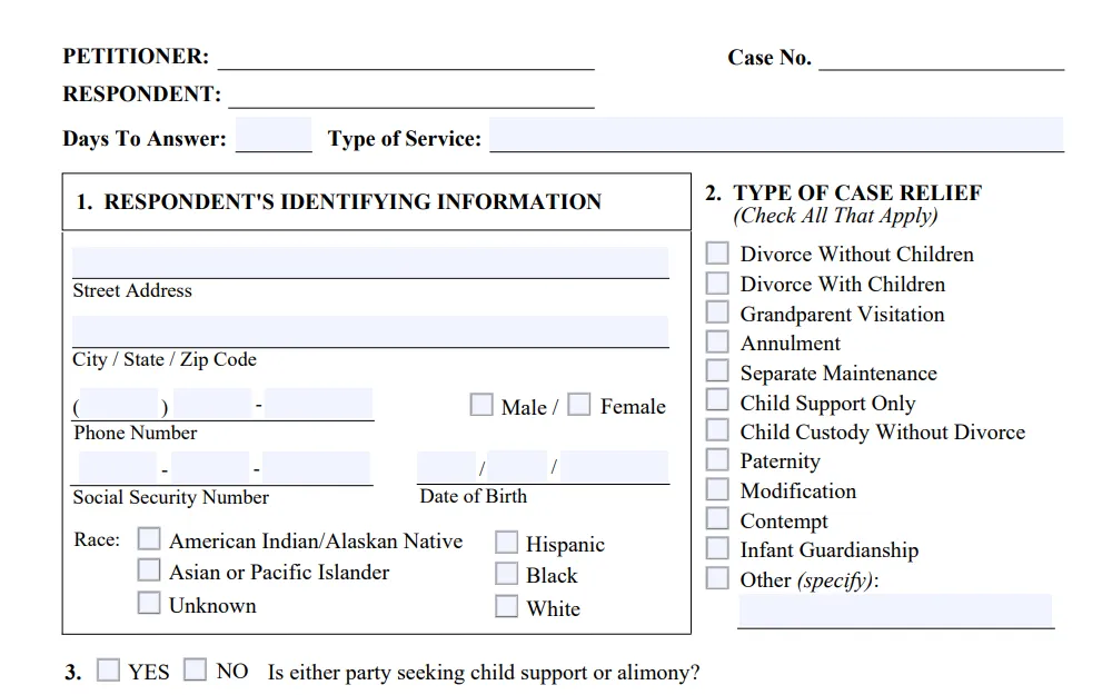 A screenshot of the Petitioner's Civil Case Information Statement Form for Domestic Relations Cases in West Virginia, which requires the petitioner to provide necessary information such as the petitioner's name, respondents, case number, specify the days to answer, input respondents' information, and select the type of case. 
