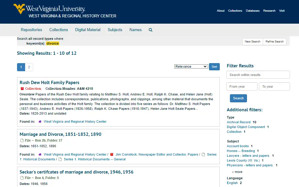 A screenshot showing sample divorce indexes that was taken through a search done on the West Virginia University website.