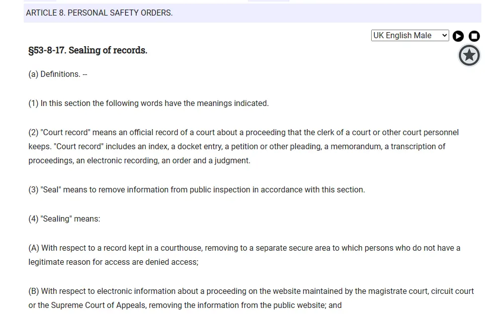 A screenshot of the West Virginia Statute Section 53-8-17, titled "Sealing of records, " which discusses the definition of sealing, court records, and the law regarding it. 