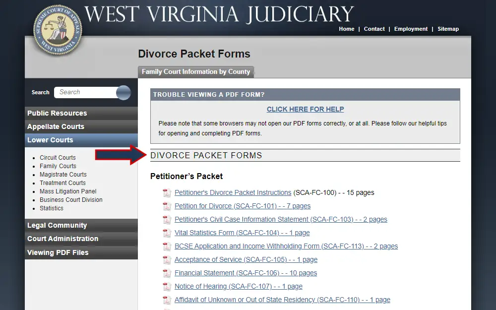 A screenshot of the West Virginia Judiciary website, which lists the divorce packet forms, such as the petition for divorce application form and instructions, and vital statistics forms.
