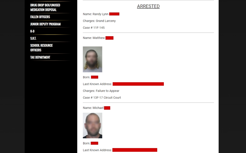 A screenshot from a law enforcement website detailing two individuals' arrest records, including their names, birth years, last known addresses, charges, and case numbers, without any direct references to their warrant status or search criteria.