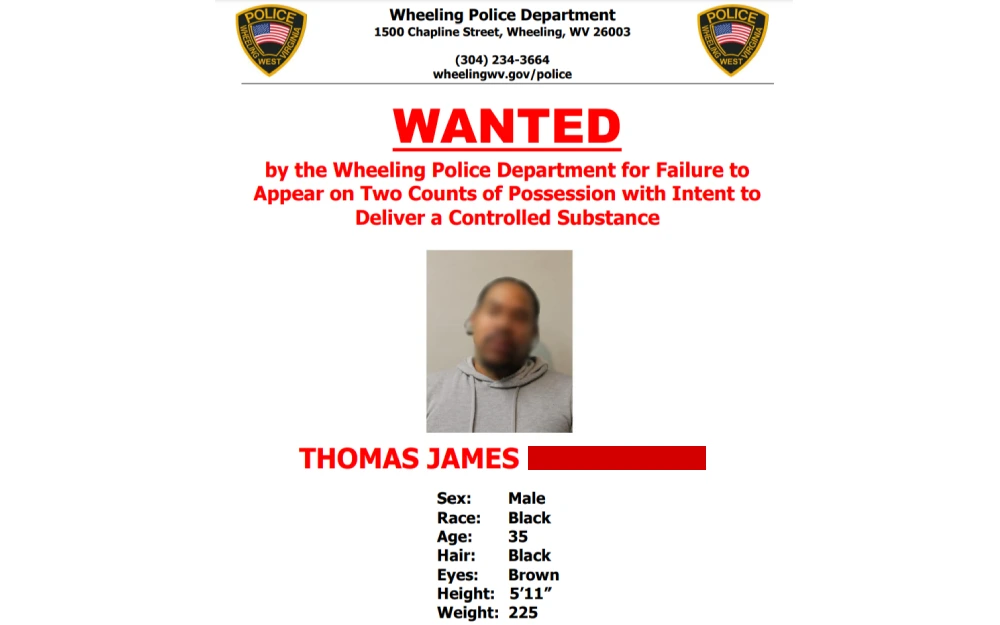 This screenshot is a public announcement from a police department in West Virginia, showing an adult male sought by law enforcement for failure to appear on charges related to controlled substances, detailing his physical characteristics including age, hair and eye color, height, and weight.