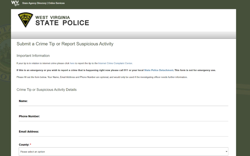 An online form provided by the West Virginia State Police for the public to submit tips or report suspicious activities, where individuals can provide details such as their name, phone number, email, and related county, with clear instructions for emergency situations requiring immediate law enforcement intervention.