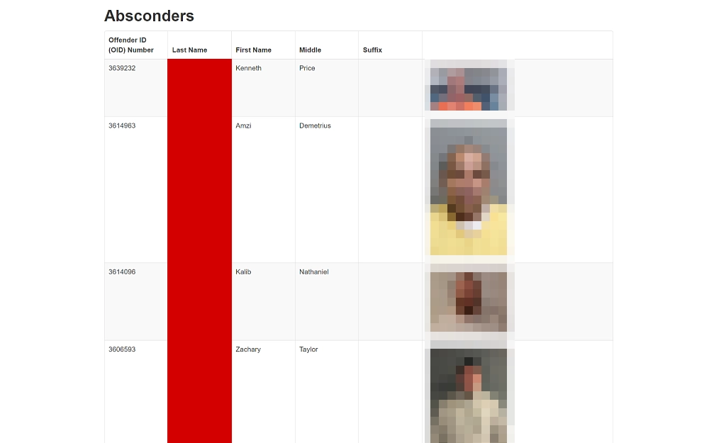 A screenshot showing an absconders list displaying photo previews and offenders' information such as their ID number, first, middle and last name and suffix from the West Virginia Division of Corrections and Rehabilitation website.
