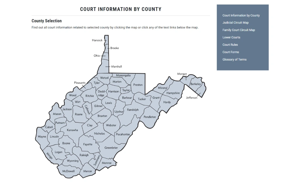 A screenshot showing the West Virginia map with all court information that can be viewed by selecting the preferred county on the map, displaying locations such as Hancock, Brooke, Ohio, Marshall, Morgan, Tucker, Lewis, Ritchie and other counties.