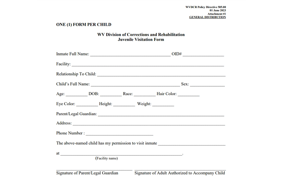 A screenshot displaying a Juvenile Visitation form with details to fill out, such as the inmate's full name, OID number, facility, relationship to the child, child's full name, sex, age, date of birth, race, hair and eye color, height, weight and others.
