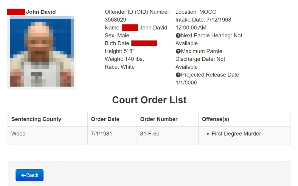 A screenshot displaying an offender's information showing the ID number, full name, a photo preview, sex, birth date, height, weight, race, location intake date and other court order list details.