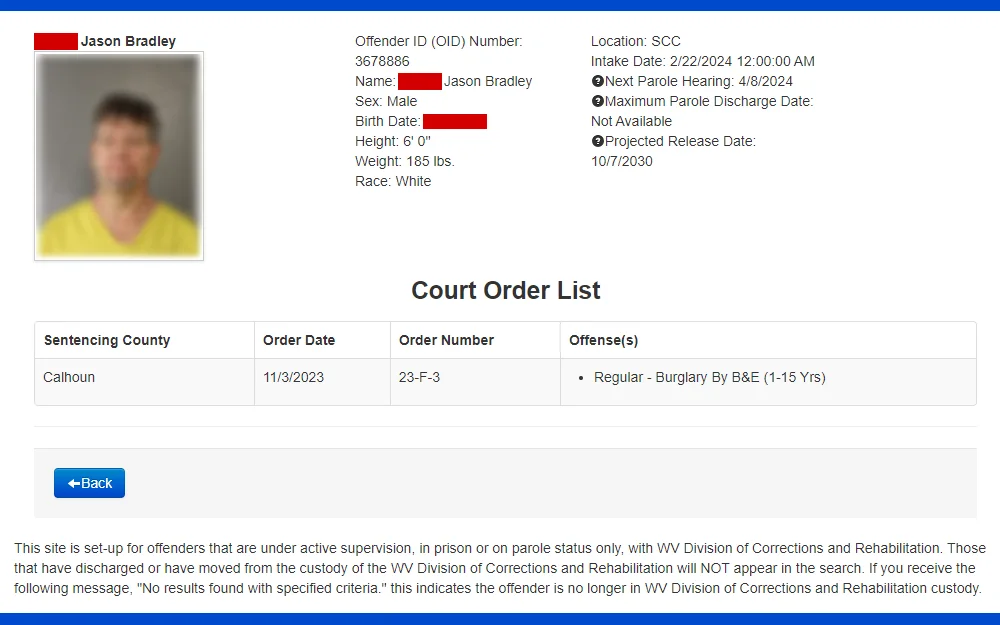 A screenshot of one of the inmate's details showing his name, mugshot, birthday, sex, race, height, weight, location, important events dates, and court order list.