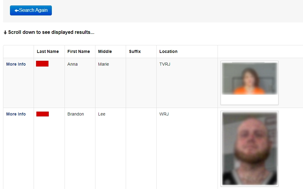 A screenshot from the Division of Corrections and Rehabilitation of West Virginia displaying the results of the offender search including the inmates' mugshots and full names.