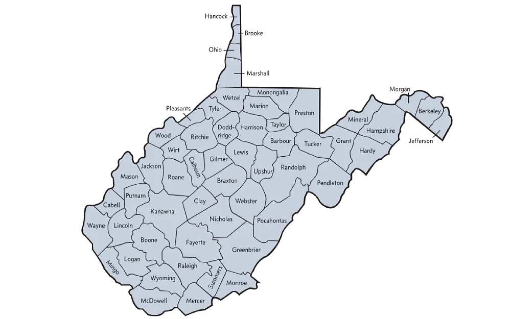 A screenshot of a county map displaying locations such as Hancock, Brooke, Ohio, Marshall, Wetzel, Tyler, Marion, Preston, and others from the West Virginia Judiciary website.