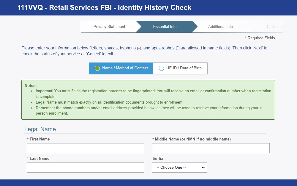 A screenshot of the second page of the appointment form for an identity history check displays a progress chart, options about the information to be provided, a note box containing reminders, and fields for the legal name of the individual.
