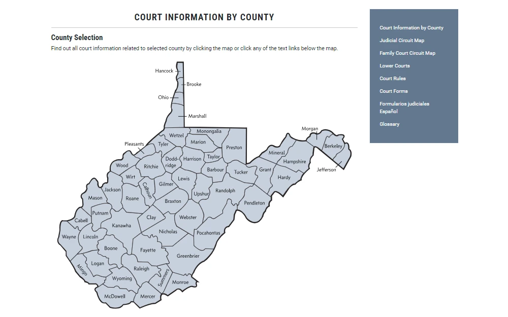 A screenshot of an interactive map of West Virginia displays the counties under its jurisdiction, along with a side panel that contains related links.