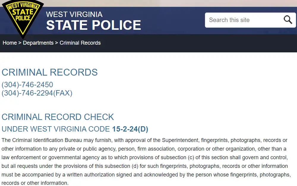A screenshot of the criminal records page from the West Virginia State Police website displays the department's contact numbers and the related state code.